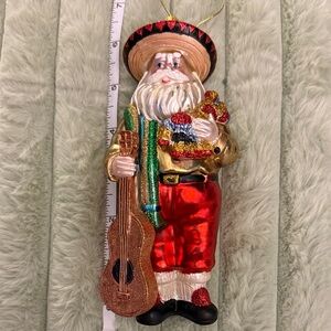 Mexican theme Santa Claus Ornament with Guitar and donkey - Gold and Red glass